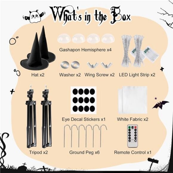 2 Pack Large Light-Up Spooky Ghosts with 8 Mode LED Light and 2 Witch Hats - Picture 4 of 7